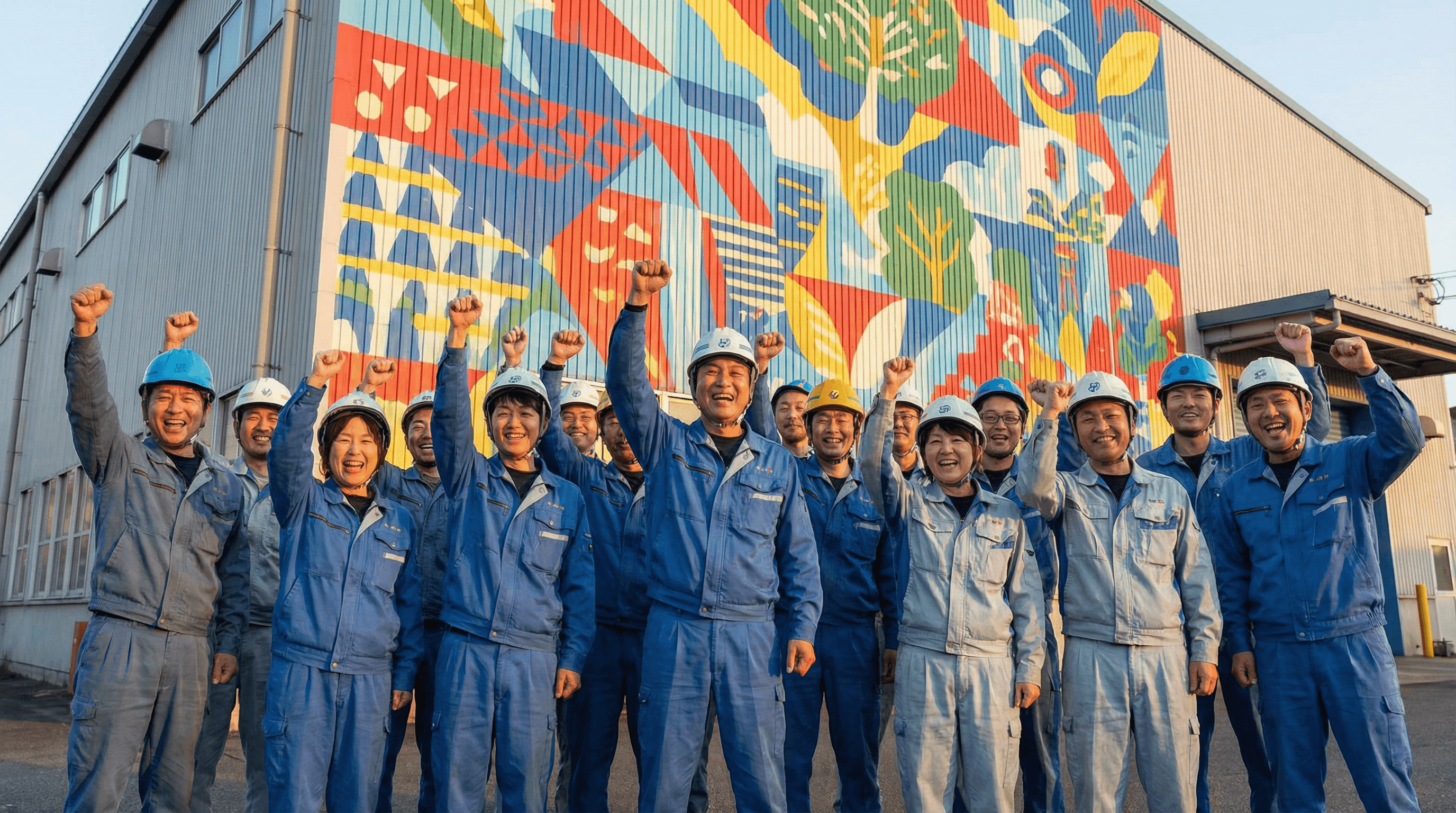 壁画の前で笑顔でガッツポーズする日本人社員チーム