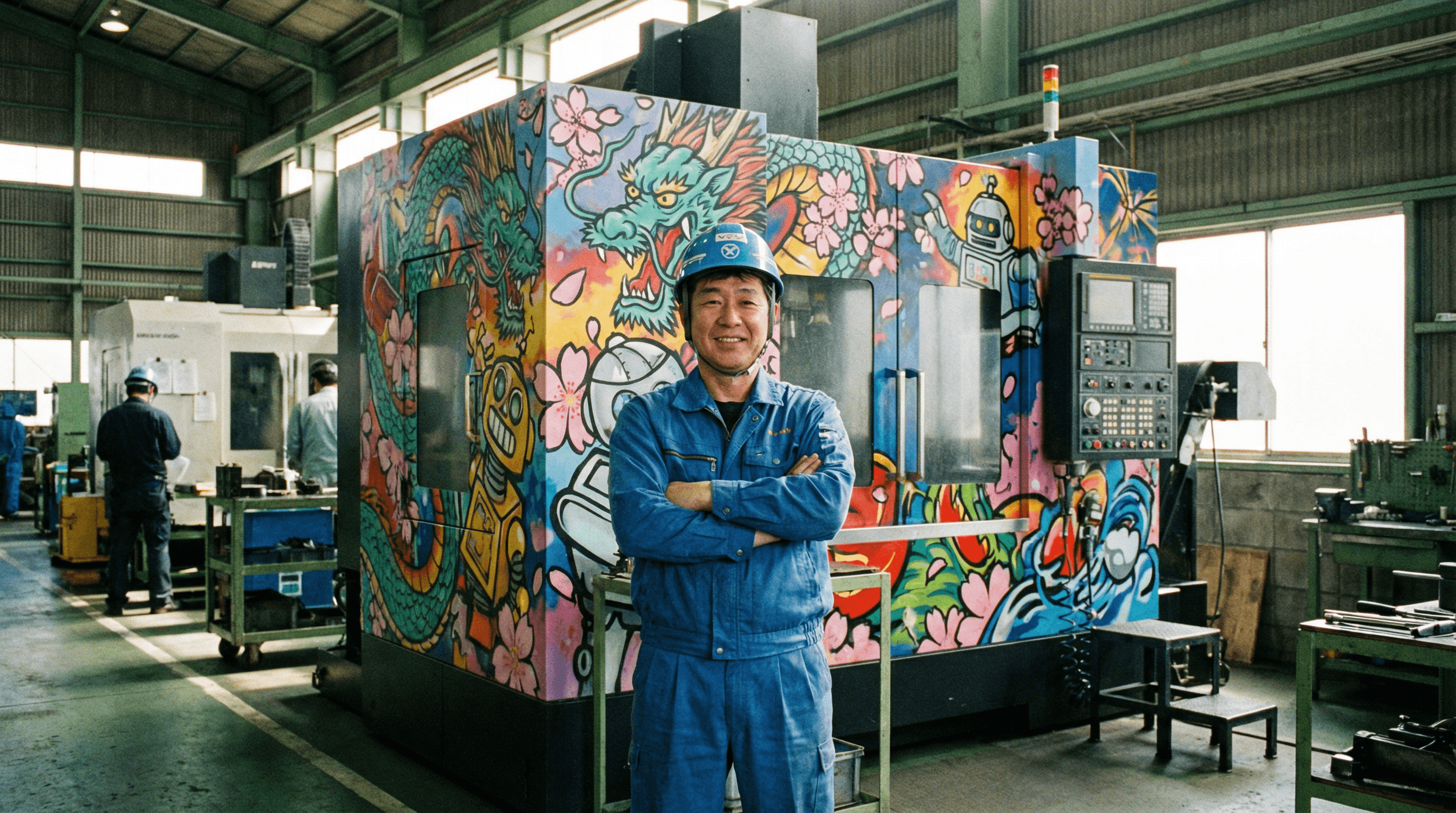 工場の機械設備とカラフルなアート、作業着を着た日本人社員