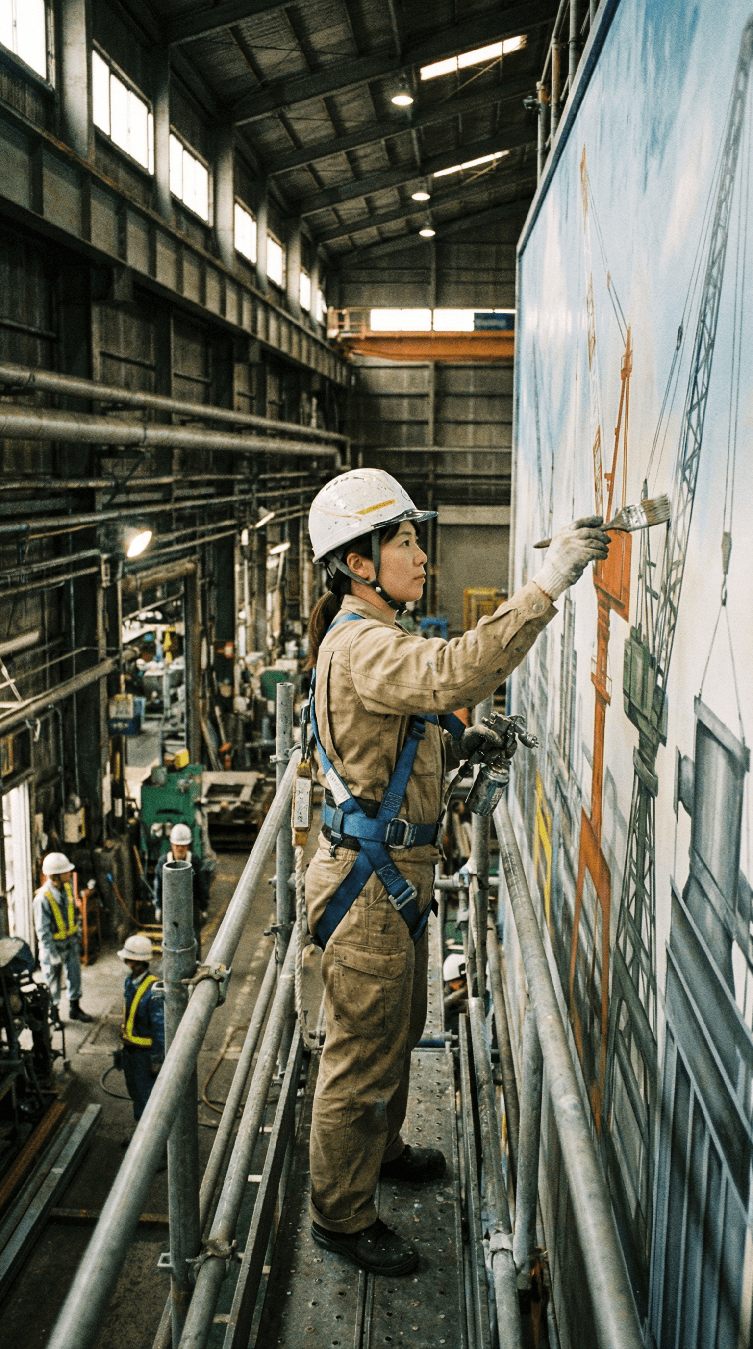 工場内でアートを制作する日本人アーティスト（ヘルメット着用）