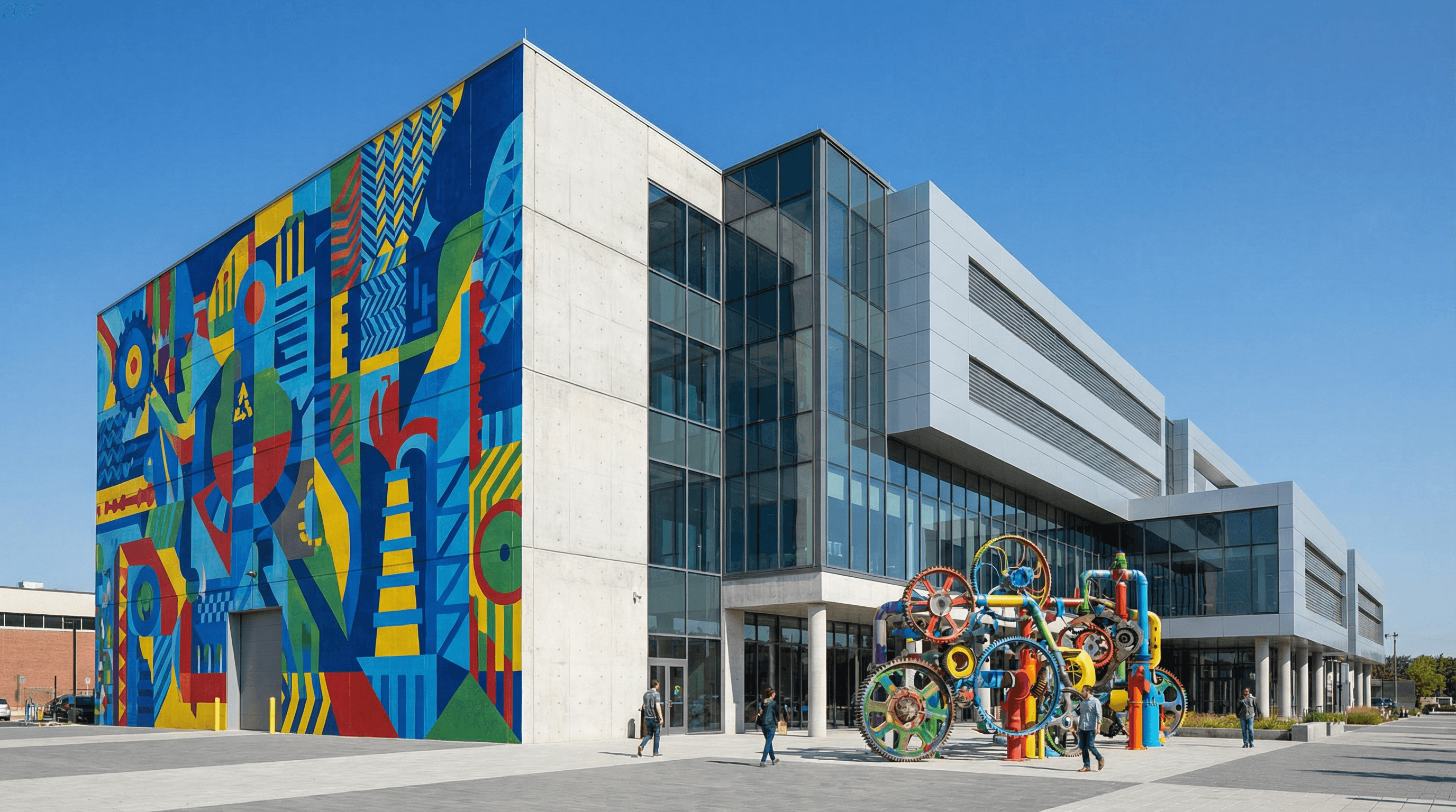 カラフルな壁画が描かれた工場の外観